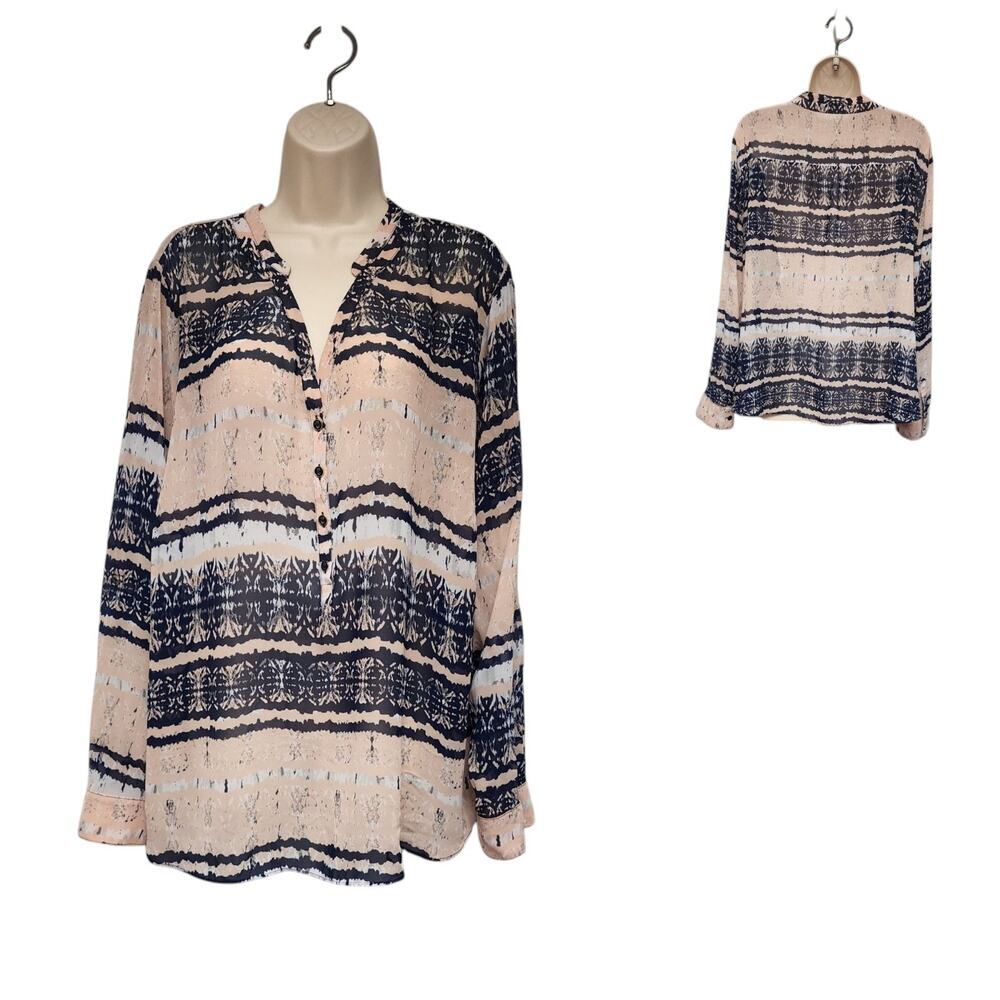 a.n.a Pink & Blue Striped V-Neck Sheer Long Sleeve Roll-Tab Blouse 3XL